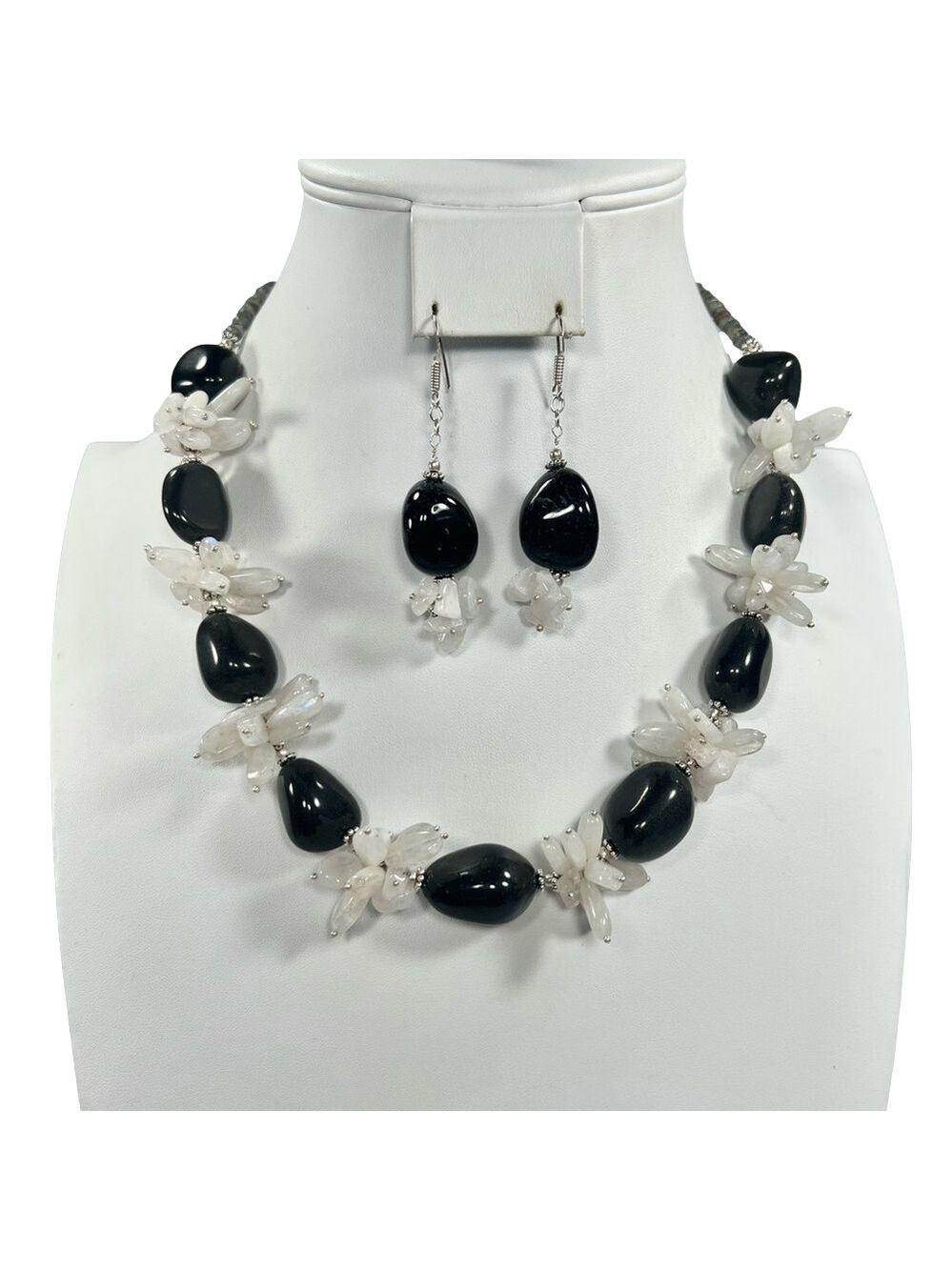 Silver Sheen Obsidian & Moonstone 925 Chunky Beaded Gemstone Necklace & Earrings - Picture 1 of 9
